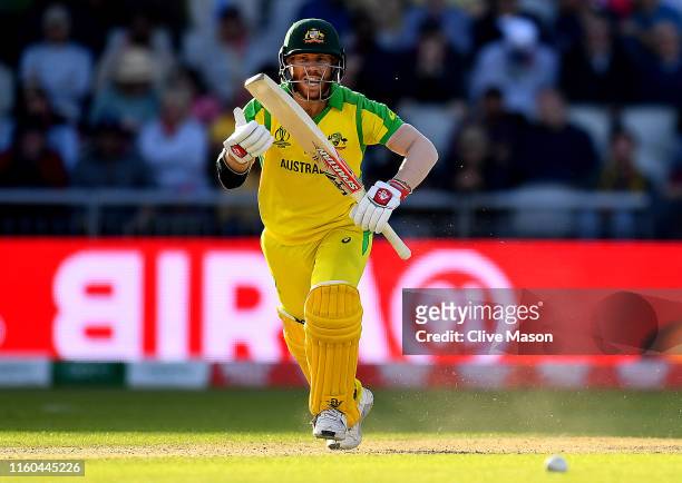 David Warner of Australia in action batting during the Group Stage match of the ICC Cricket World Cup 2019 between Australia and South Africa at Old...