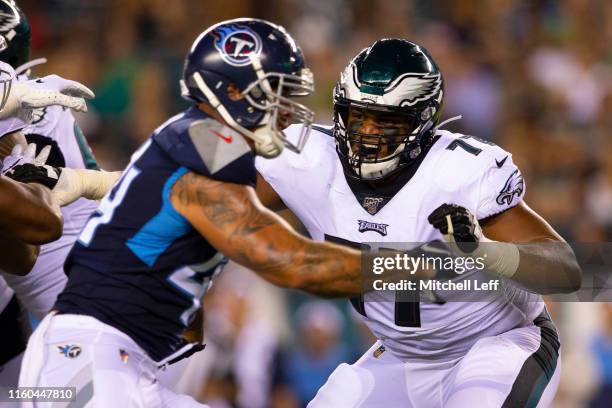 Andre Dillard of the Philadelphia Eagles blocks Kamalei Correa of the Tennessee Titans in the second quarter of the preseason game at Lincoln...