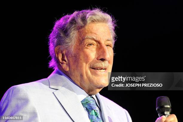 Singer Tony Bennett performs on stage during an invitation only concert at the newly opened Encore Boston Harbor Casino in Everett, Massachusetts on...