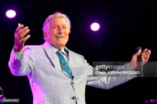 Singer Tony Bennett performs on stage during an invitation only concert at the newly opened Encore Boston Harbor Casino in Everett, Massachusetts on...