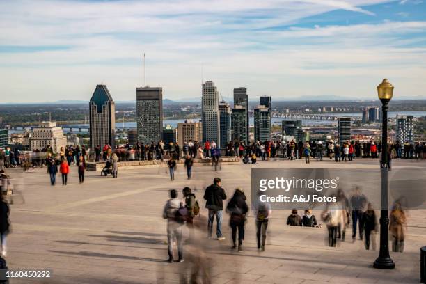 mensen die in de herfst naar montreal cityscape kijken. - montreal city stockfoto's en -beelden