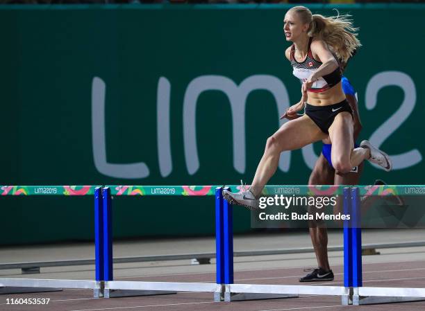 Sage Watson of Canada competes in Women's 400m Hurdles Final on Day 13 of Lima 2019 Pan American Games at Athletics Stadium of Villa Deportiva...