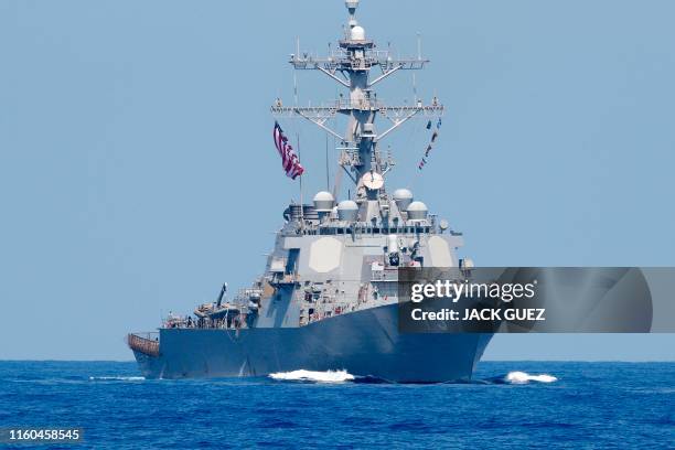 Photo taken on August 7 shows the US Navy USS Donald Cook class guided missile destroyer during an exercise how simulate a humanitarian response to a...