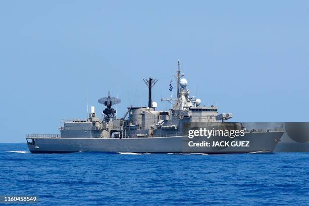 Photo taken on August 7 shows the Greek HS Aigaion frigate during an exercise how simulate a humanitarian response to a powerful earthquake and...