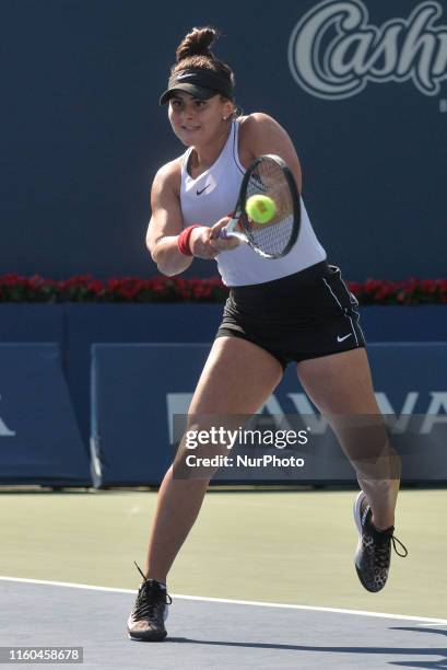 Bianca Andreescu of Canada plays against Kiki Bertens of Netherlands during the round 16 match of championship in the Rogers Cup tennis tournament at...