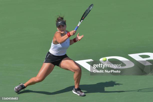 Bianca Andreescu of Canada plays against Kiki Bertens of Netherlands during the round 16 match of championship in the Rogers Cup tennis tournament at...