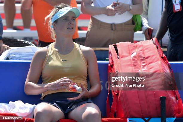 Elina Svitolina of Ukraine looks around after the round 16 match of championship in the Rogers Cup tennis tournament at Aviva Centre on August 08,...