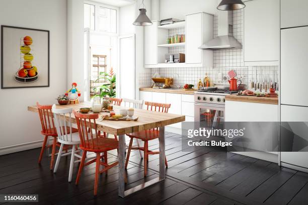 cucina domestica scandinava e sala da pranzo - cucina domestica foto e immagini stock