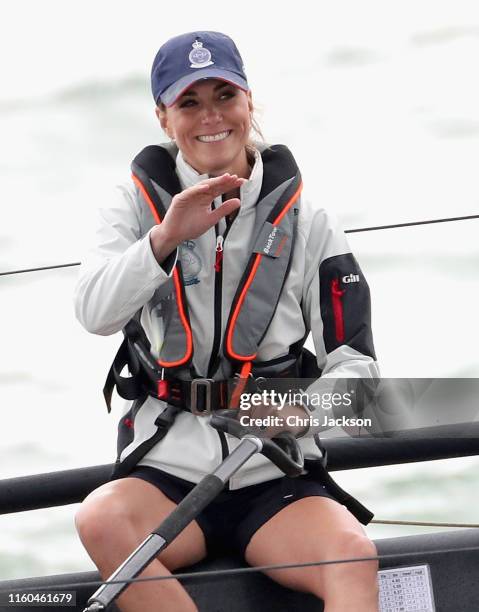 Catherine, Duchess of Cambridge at the helm competing on behalf of The Royal Foundation in the inaugural King's Cup regatta hosted by the Duke and...