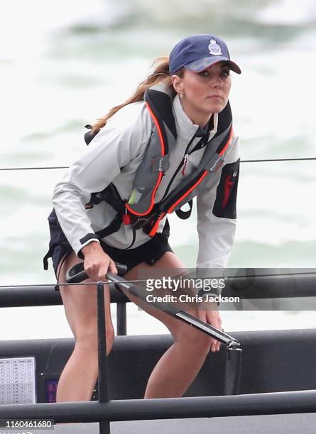 Catherine, Duchess of Cambridge at the helm competing on behalf of The Royal Foundation in the inaugural King's Cup regatta hosted by the Duke and...
