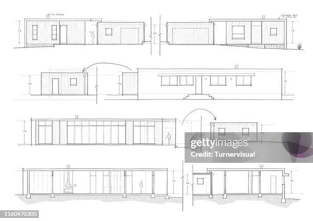 architectural concept draft plan elevation sketches - building technical drawing stock illustrations