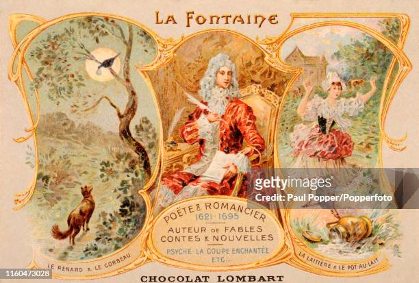 Vintage postcard illustration advertising Chocolat Lombart, the largest chocolate manufaturer in the world, and featuring Jean de la Fontaine, the...