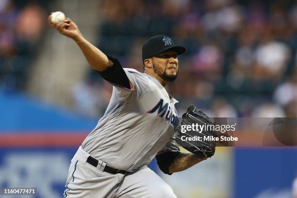 Hector Noesi of the Miami Marlins in action against the New York Mets at Citi Field on August 06, 2019 in New York City.