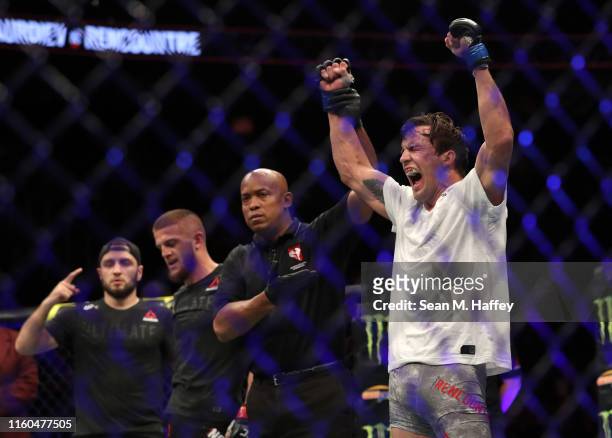 Chance Rencountre reacts to defeating Ismail Naurdiev of Austria during their UFC239 Welterweight bout at T-Mobile Arena on July 06, 2019 in Las...
