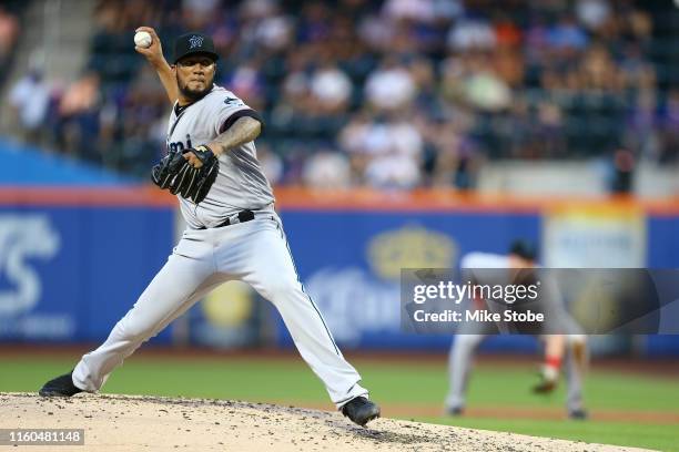 Hector Noesi of the Miami Marlins in action against the New York Mets at Citi Field on August 06, 2019 in New York City.