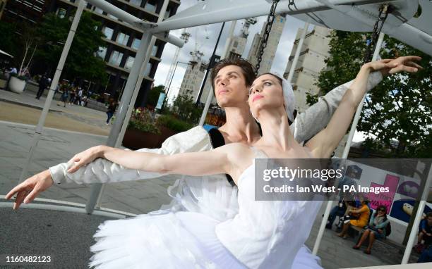 Dancers Artem Ovcharenko and Anna Tikhomirova during a photo call ahead of performances by the Bolshoi Ballet at the Royal Opera House and the Royal...