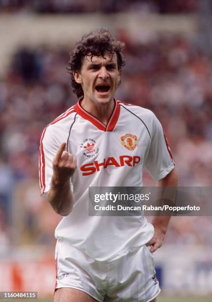 Mark Hughes of Manchester United celebrates after scoring during the FA Cup Final between Crystal Palace and Manchester United at Wembley Stadium on...