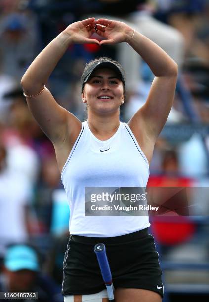 Bianca Andreescu of Canada reacts after defeating Karolina Pliskova of Czech Republic following a quarterfinal match on Day 7 of the Rogers Cup at...