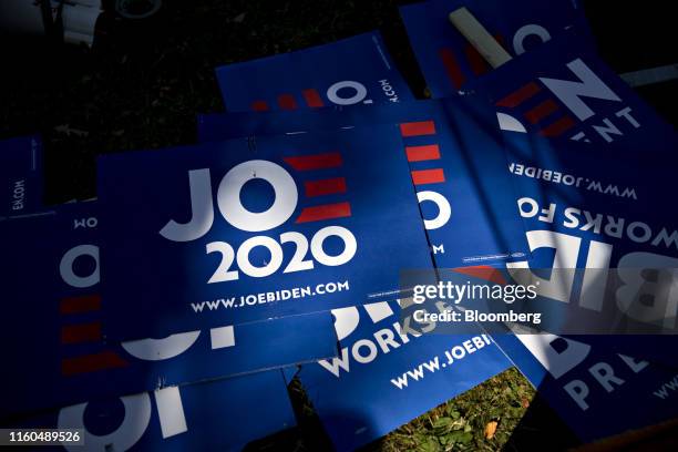 Campaign signs for Former U.S. Vice President Joe Biden, 2020 Democratic presidential candidate, lay outside during the Democratic Wing Ding event in...