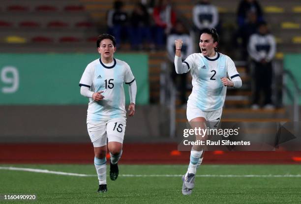 Agustina Barroso of Argentina celebrates after scoring the first goal of his team during the Women's Football final match between Colombia and...