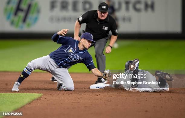 Shortstop Willy Adames of the Tampa Bay Rays tags out Keon Broxton of the Seattle Mariners as Broxton tries to steal second base during the eighth...