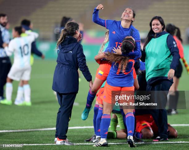 Colombia players celebrate during the Women's Football final match between Colombia and Argentina on Day 14 of Lima 2019 Pan American Games at San...