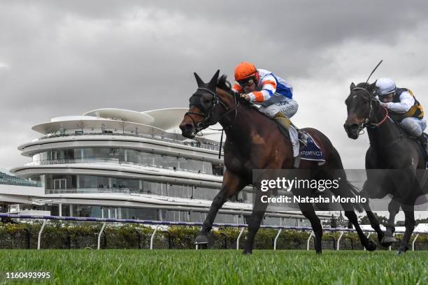 Vinland ridden by Luke Currie wins the VRC Member Emma Duffy Handicap at Flemington Racecourse on August 10, 2019 in Flemington, Australia.