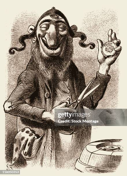 The cartoon shows a caricature of a man depicted with a large nose, 1912. The man has a pair of scissors in one hand and appears to have cut a small...