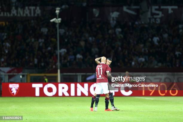 Armando Izzo of Torino FC celebrate with his teammate Simone Zaza during the UEFA Europa League third qualifying round football match between Torino...