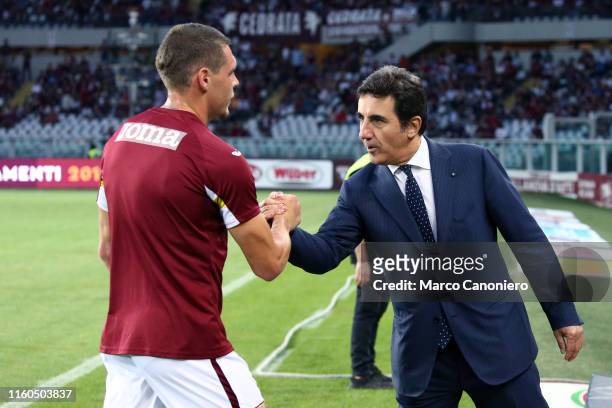 Urbano Cairo, chairman of Torino FC, and Andrea Belotti before the UEFA Europa League third qualifying round football match between Torino FC and...