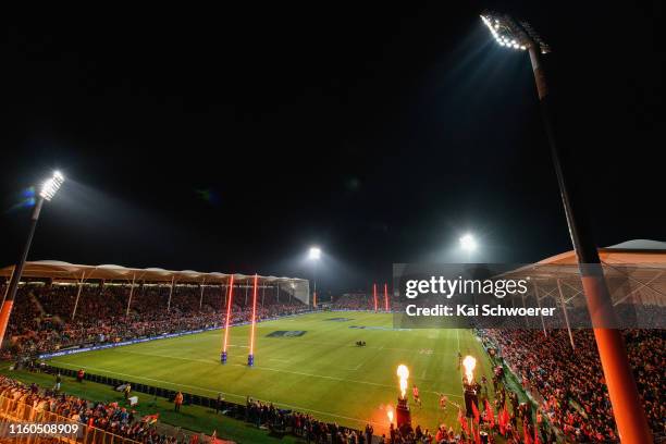 General view of Orangetheory Stadium as captain Samuel Whitelock of the Crusaders leads his team onto the field during the Super Rugby Final between...