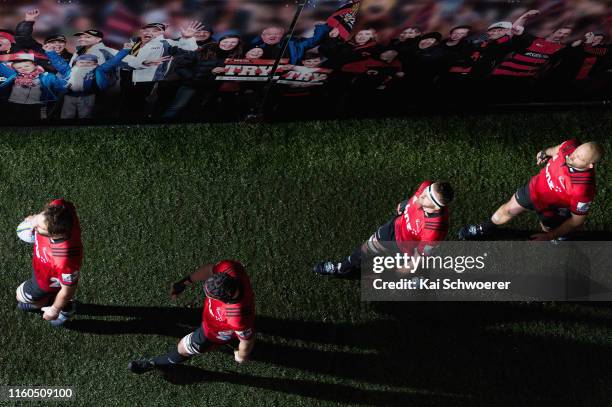 Captain Samuel Whitelock, Matt Todd, Kieran Read and Owen Franks of the Crusaders walk out prior to the Super Rugby Final between the Crusaders and...