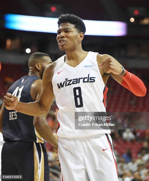 Rui Hachimura of the Washington Wizards reacts after a teammate got a basket and was fouled during a game against the New Orleans Pelicans during the...