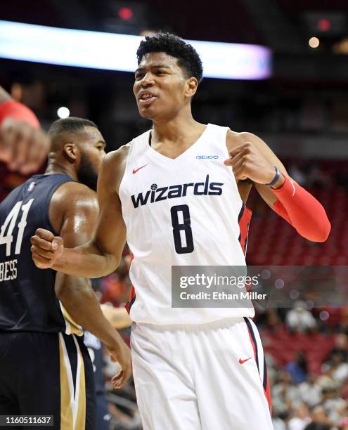 Rui Hachimura of the Washington Wizards reacts after a teammate got a basket and was fouled during a game against the New Orleans Pelicans during the...