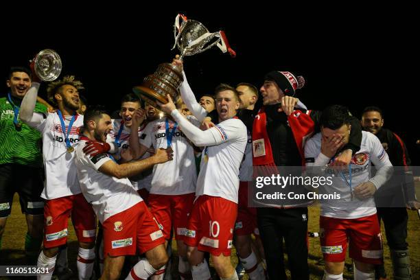 Hume City players celebrate their win during the 2019 Dockerty Cup Final match between Melbourne Knights and Hume City FC at Kingston Heath Sports...