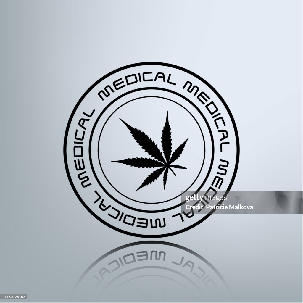 Vector badge with medical marijuana leaf, medical cannabis silhouette
