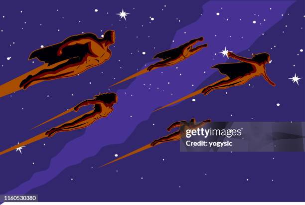 vector retro flying superhero team at night - superhero flying stock illustrations