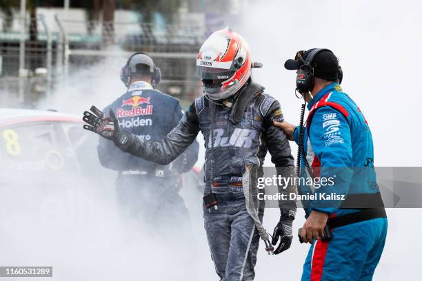 Nick Percat driver of the Brad Jones Racing Commodore ZB is pictured after his car caught fire during race 2 on July 07, 2019 in Townsville,...