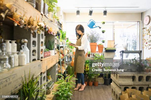 small business owner in flower shop - asia lady selling flower fotografías e imágenes de stock