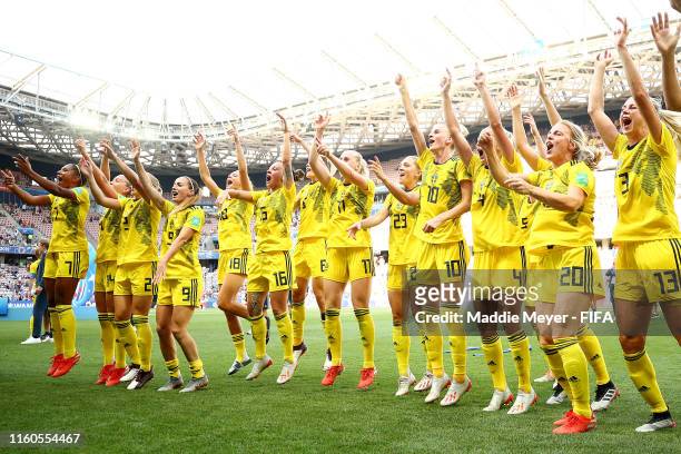 Sweden celebrates after winning the 2019 FIFA Women's World Cup France 3rd Place Match match between England and Sweden at Stade de Nice on July 06,...