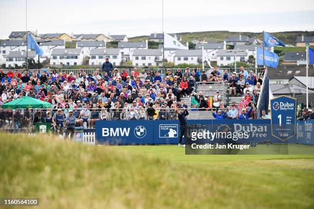 Robert Rock of England plays his tee shot on the first hole during Day Four of the Dubai Duty Free Irish Open at Lahinch Golf Club on July 07, 2019...