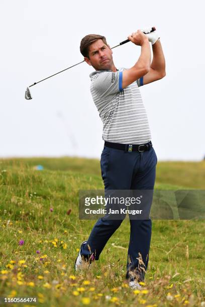 Robert Rock of England plays his second shot on the second hole during Day Four of the Dubai Duty Free Irish Open at Lahinch Golf Club on July 07,...