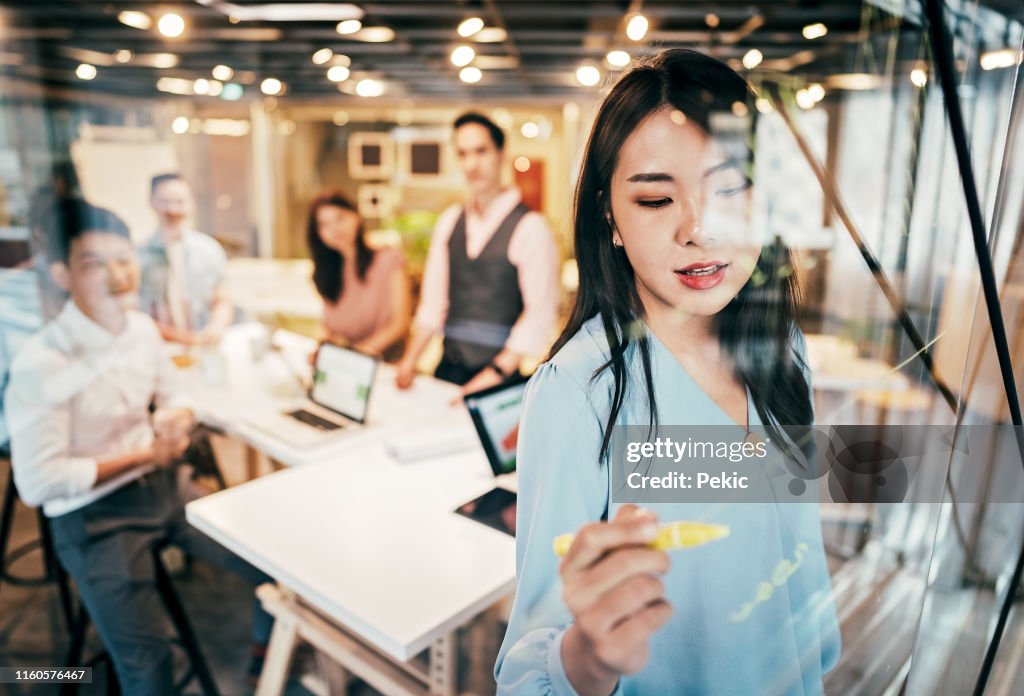 Mulher de negócios asiática que apresenta suas idéias para o desenvolvimento da companhia