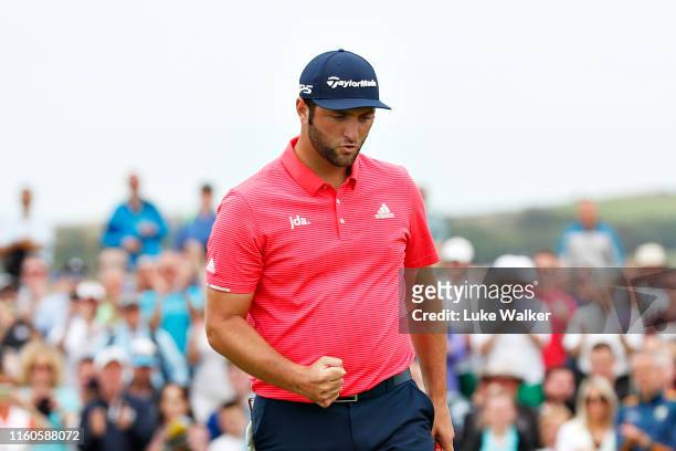 Jon Rahm of Spain reacts to his birdie putt on the seventeenth hole during Day Four of the Dubai Duty Free Irish Open at Lahinch Golf Club on July...