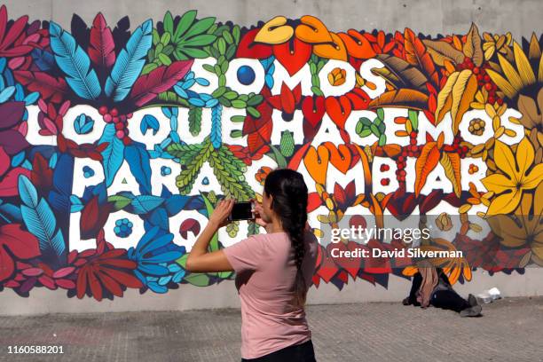 Woman takes photos with her mobile phone of a large colorful mural by the Boa Mistura multidisciplinary art collective which quotes Uruguayan writer...