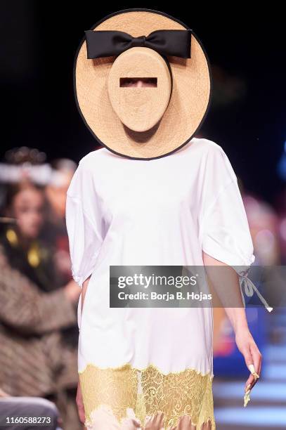 Model walks the runway at the Brain & Beast fashion show during the Mercedes Benz Fashion Week Spring/Summer 2020 at Ifema on July 07, 2019 in...