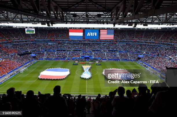 General view inside the stadium as players line up prior to the 2019 FIFA Women's World Cup France Final match between The United States of America...