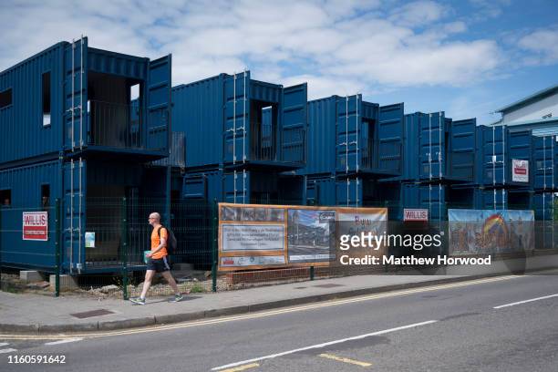Shipping containers which will be used as temporary homes for homeless people in Cardiff on July 7, 2019 in Cardiff, United Kingdom.