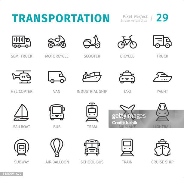 transportation - pixel perfect line icons with captions - monorail stock illustrations