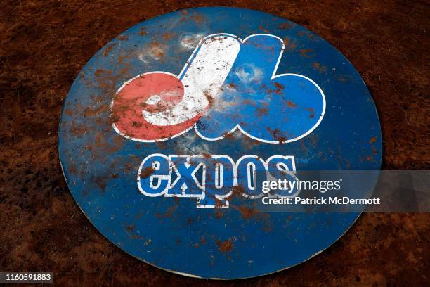 Detail view of the Washington Nationals on-deck circle with the Monreal Expos logo after a game between the Kansas City Royals and Nationals at...